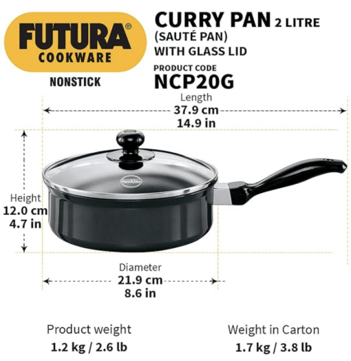 Hawkins Futura Nonstick Curry Pan (Saute Pan) 2 L, 20 cm, 3.25 mm with Glass Lid (Black) - Image 2